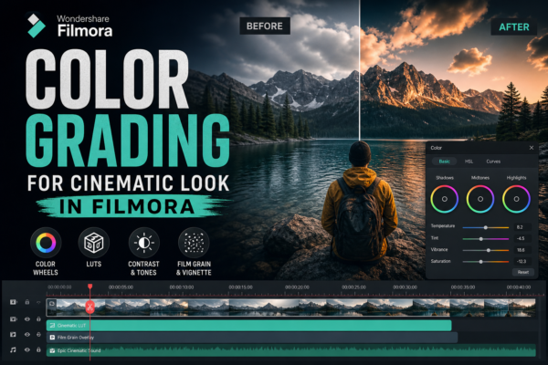 Cinematic YouTube-style thumbnail showing Filmora color grading tutorial with before-and-after mountain landscape comparison and editing interface.