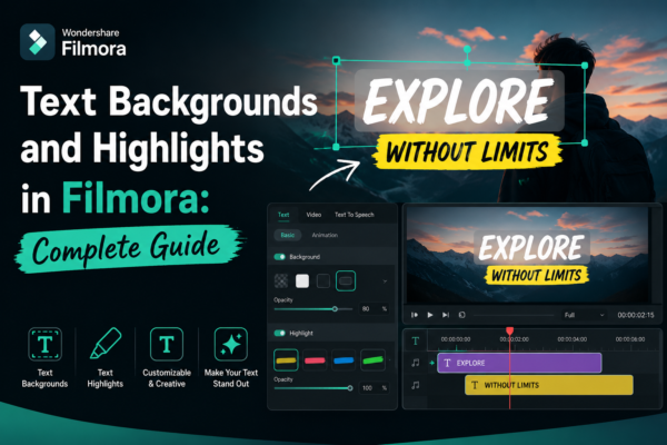 Text Backgrounds and Highlights in Filmora interface showing customizable text boxes, highlight effects, and background styling options for professional video titles.