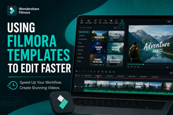 Modern feature image showing Filmora template editing interface on a laptop with bold text “Using Filmora Templates to Edit Faster” on a dark teal background.