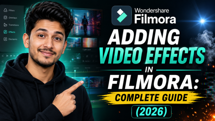 Feature image showing a man using Wondershare Filmora with cinematic video effects, transitions, overlays, and glowing editing elements for a complete Filmora effects guide 2026.