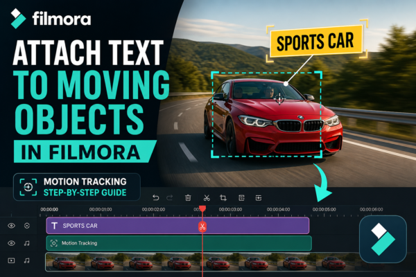 A Filmora motion tracking tutorial showing how to attach text to a moving sports car using tracking boxes and timeline editing tools.