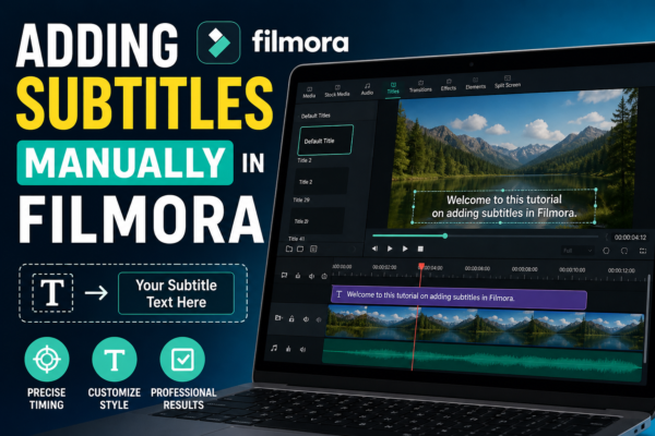 A professional YouTube-style thumbnail showing a Filmora video editing interface on a laptop with bold text “Adding Subtitles Manually in Filmora,” highlighting a tutorial theme with clean, modern design elements.