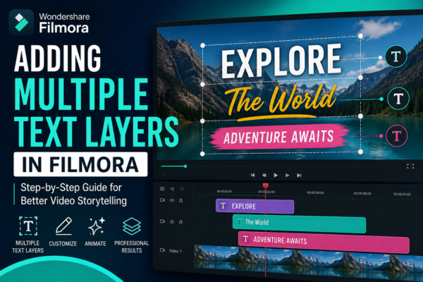 Modern Filmora tutorial thumbnail showing multiple text layers editing interface with colorful text overlays, timeline tracks, and video preview screen.