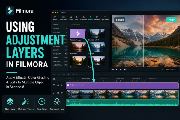 Using adjustment layers in Filmora to apply color grading and effects to multiple video clips with before and after comparison