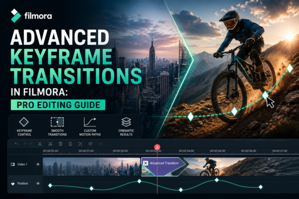 Advanced Keyframe Transitions in Filmora interface showing cinematic scene transitions, motion paths, keyframe controls, and a professional video editing timeline with smooth animation effects.
