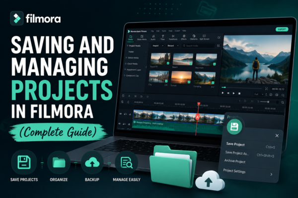 Saving and Managing Projects in Filmora Complete Guide showing Filmora project dashboard, organized project files, save options, and video editing workflow.