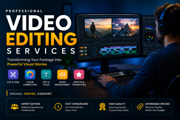 Professional video editing services banner featuring a video editor working at a multi-monitor workstation with advanced editing software, color grading tools, audio enhancement features, and promotional text highlighting expert video editing solutions.