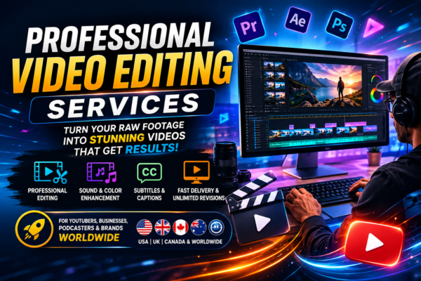 Professional video editing services banner featuring a video editor working on YouTube, podcast, corporate, and social media video projects.