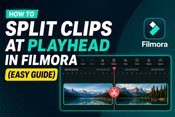Feature image for a Filmora tutorial showing a video timeline split at the playhead with a scissors icon, bold text reading “Split Clips at Playhead in Filmora,” and a modern video editing interface on a dark blue background.