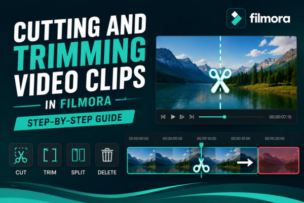 Feature image showing the Filmora video editor interface with timeline tools for cutting, trimming, splitting, and deleting video clips, alongside bold text highlighting a step-by-step guide to editing video clips in Filmora.