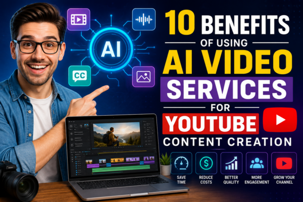 A smiling YouTube creator points toward AI video service icons and a video editing dashboard, illustrating the benefits of AI video services for YouTube content creation.