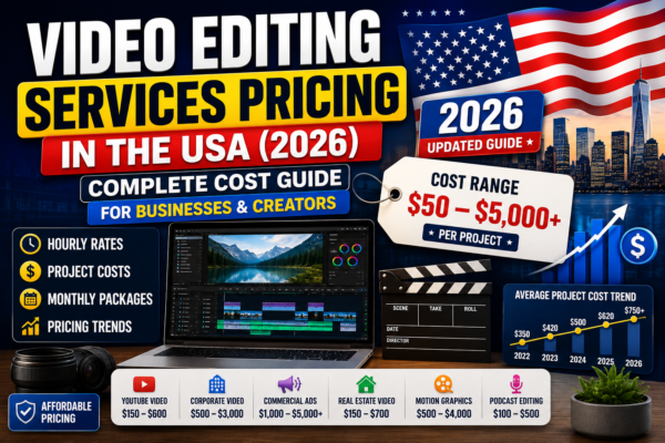 Professional feature image showing Video Editing Services pricing in the USA for 2026, including hourly rates, project costs, monthly packages, and a video editing workstation with a U.S. flag.