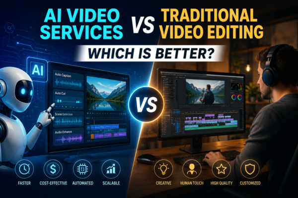 AI Video Services vs Traditional Video Editing comparison showing AI-powered automation alongside a professional video editor using editing software.