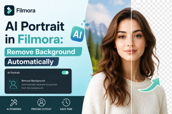 Feature image showing Filmora AI Portrait tool removing the background from a portrait automatically, with a split portrait effect demonstrating before and after background removal.