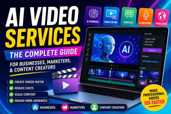 AI Video Services feature image showing AI-powered video editing, subtitles, voiceovers, and content creation tools for businesses, marketers, and content creators.