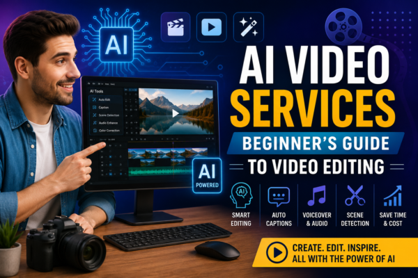AI video services beginner’s guide feature image showing a person using AI-powered video editing software with editing icons and a professional digital workspace.