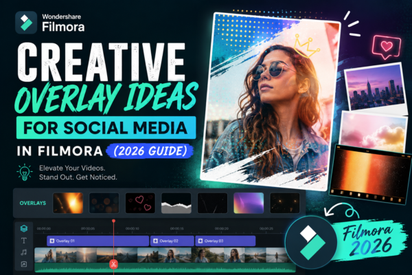 Creative Overlay Ideas for Social Media in Filmora (2026 Guide) feature image showing colorful social media overlays, a content creator portrait, Filmora editing timeline, and modern visual effects for video editing.