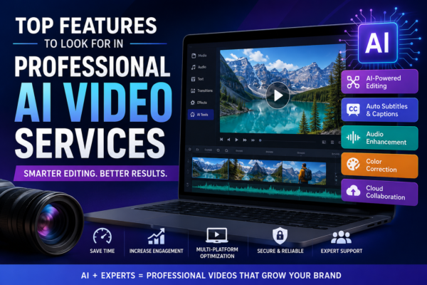 Top features to look for in professional AI video services with AI-powered video editing interface, automation tools, captions, audio enhancement, and color correction.