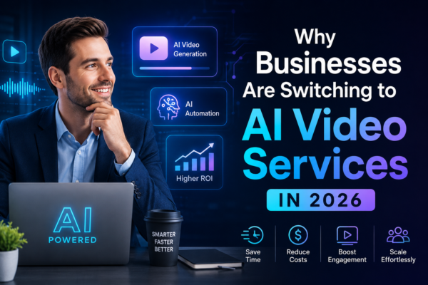 Professional business executive using AI-powered video creation tools on a laptop, surrounded by futuristic digital interfaces showing AI automation, video generation, and ROI growth metrics. The feature image highlights why businesses are adopting AI video services in 2026 to save time, reduce costs, increase engagement, and scale content production efficiently.
