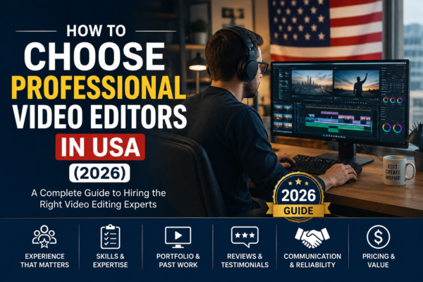 Professional video editor working on a dual-monitor editing setup with an American flag background and text “How to Choose Professional Video Editors in USA (2026)”.
