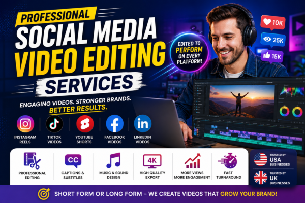 Professional Social Media Video Editing Services for Instagram, TikTok, YouTube Shorts, Facebook, and LinkedIn businesses in the USA and UK.