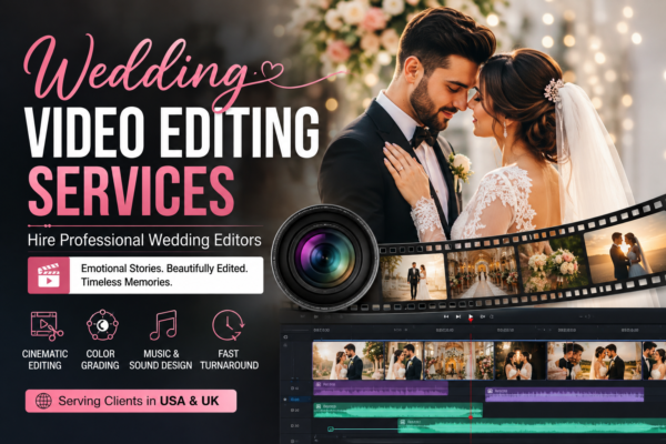 Wedding Video Editing Services feature image showing a bride and groom with a professional video editing timeline, cinematic film strip, and editing tools for USA & UK clients.