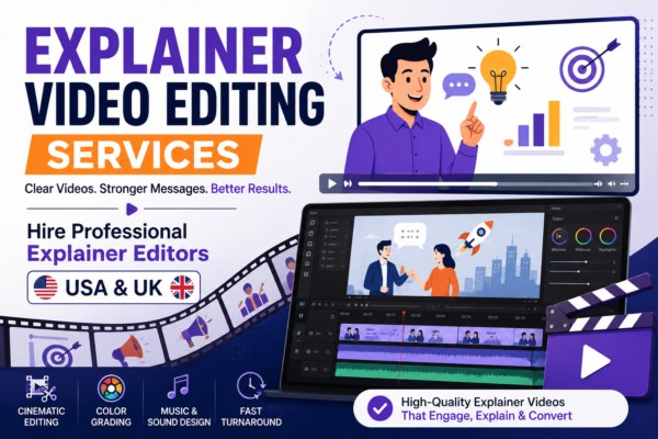 Explainer Video Editing Services feature image showing a professional presenter, video editing timeline, motion graphics, and editing tools for businesses in the USA and UK.
