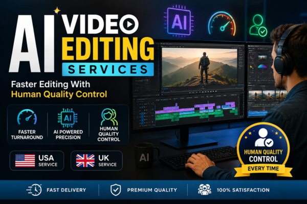 AI Video Editing Services banner showcasing AI-powered editing with human quality control for businesses in the USA and UK.