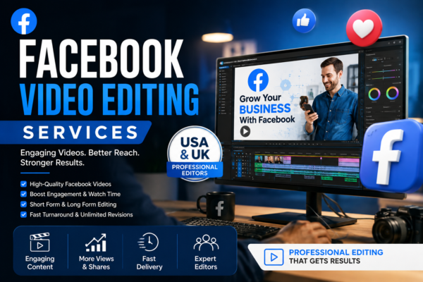 Facebook Video Editing Services feature image showing a professional video editing workstation, Facebook branding, and promotional text highlighting expert editors for USA and UK businesses.