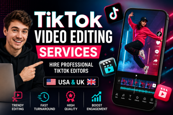 Professional TikTok Video Editing Services feature image showcasing a video editor, TikTok-themed design, smartphone editing interface, and USA & UK hiring focus.