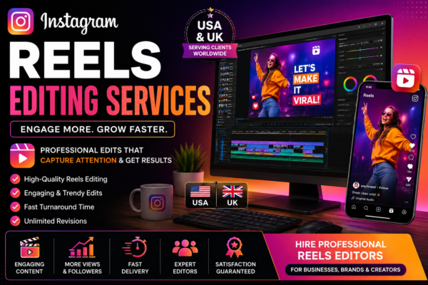 Instagram Reels Editing Services feature image showing a professional video editing setup with Instagram Reels branding, editing timeline, and promotional graphics for USA and UK clients.
