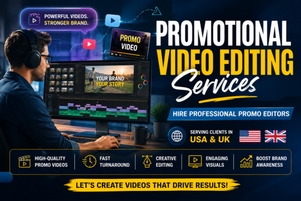 Professional promotional video editing services featuring a video editor at a workstation, showcasing high-quality promo video production for businesses in the USA and UK.
